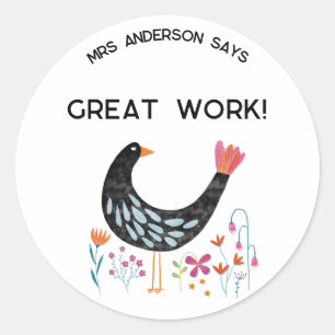 Sticker Rond Nom de l'enseignant Encouragement Oiseau