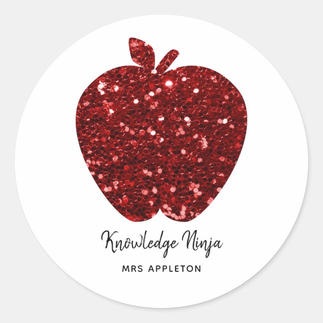 Sticker Rond Nom de l'enseignant personnalisé Sparkly Red Apple (Devant)