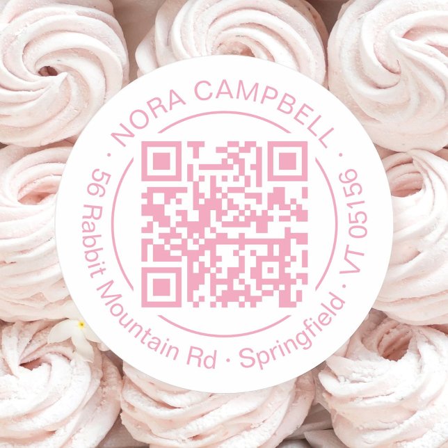Sticker Rond Nom de l'entreprise Adresse Cadre circulaire QR Co (Modern, elegant business name, QR code round sticker with circle frame in baby pink.)