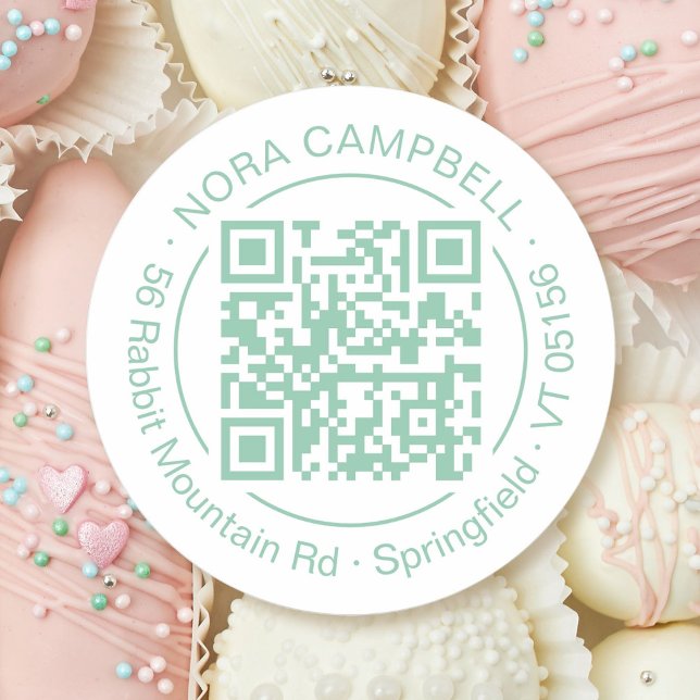 Sticker Rond Nom de l'entreprise Adresse Frame Cercle QR Code M (Modern, elegant business name, QR code round sticker with circle frame in mint.)