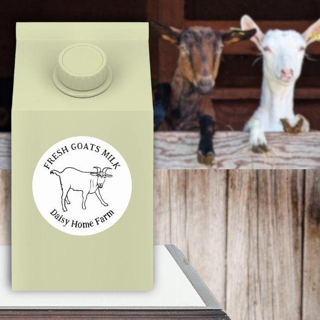 Sticker Rond Nom de l'entreprise de lait de chèvre (Fresh goats milk business name black and white sticker simple goat drawing custom typography label)