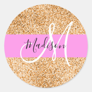 Sticker Rond Nom de monogramme avec paillettes rose et cuivre G