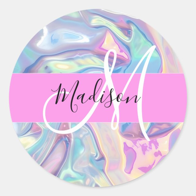 Sticker Rond Nom de monogramme holographique iridescent rose fé (Devant)