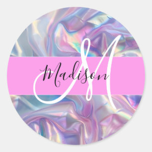 Sticker Rond Nom de monogramme holographique iridescent rose fé