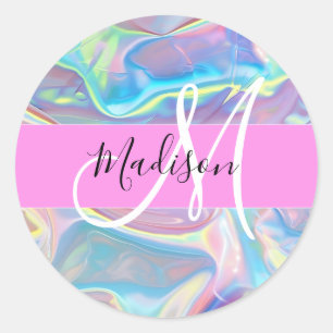 Sticker Rond Nom de monogramme holographique iridescent rose fé