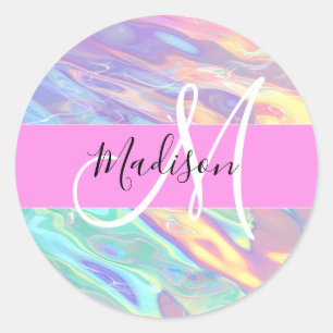 Sticker Rond Nom de monogramme holographique iridescent rose fé