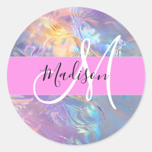 Sticker Rond Nom de monogramme holographique iridescent rose fé