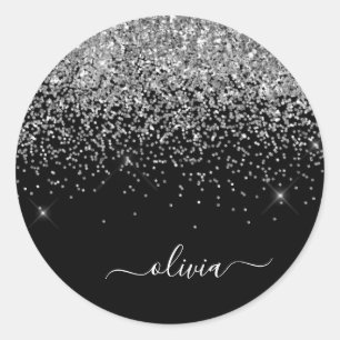 Sticker Rond Nom de monogramme pailleté glitter girl noir argen