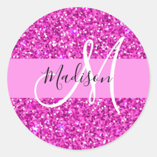 Sticker Rond Nom de monogramme scintillant de paillettes rose e