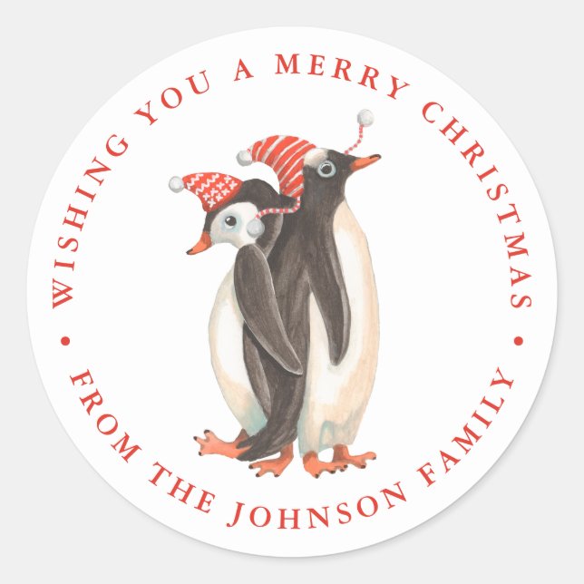 Sticker Rond Nom de Noël des vacances de pingouin mignon (Devant)