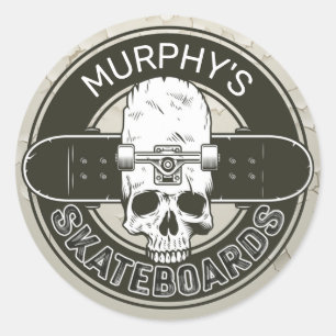 Sticker Rond NOM DE Patinage Personnalisé Skull Skateboard Skat