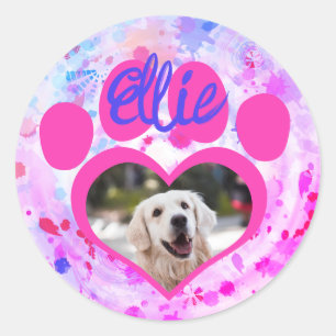 Sticker Rond Nom de photo d'animal de compagnie Patte de coeur 
