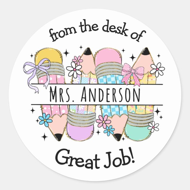 Sticker Rond Nom de professeurs d'école au crayon mignon (Devant)
