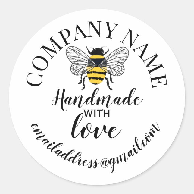 Sticker Rond Nom de société abeille fait main avec amour (Devant)