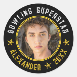Sticker Rond Nom de superstar de bowling moderne Photo Date Noi