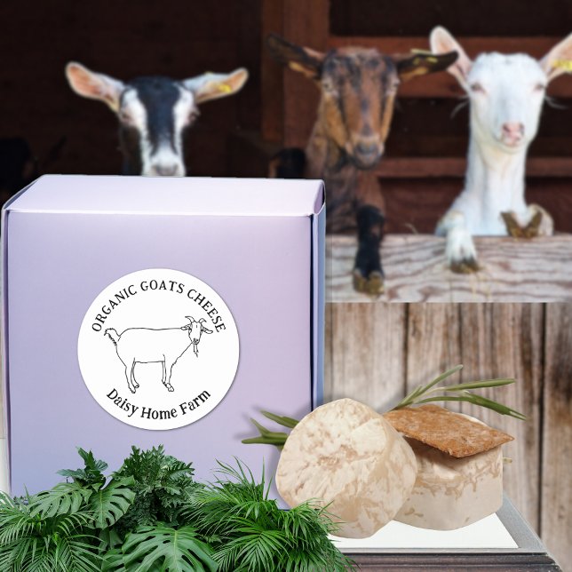 Sticker Rond Nom d'entreprise de fromage de chèvre Simple noir  (Goats cheese custom business name black and white simple farm produce label cute goat line drawing )