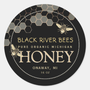 Sticker Rond Nom d'État Honey Tag Bees and Honeypeb Black