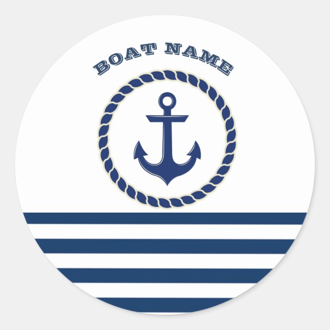 Sticker Rond Nom du bateau nautique, Ancre Marine Bleu rayé (Devant)