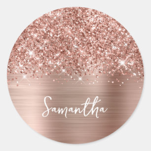 Sticker Rond Nom du glamour or Rose Glitt