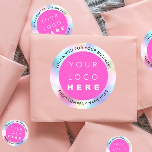 Sticker Rond Nom du logo personnalisé Holographe Web Merci rose (Holograph Custom Logo Name Web Pink Thank You Classic Round Sticker)