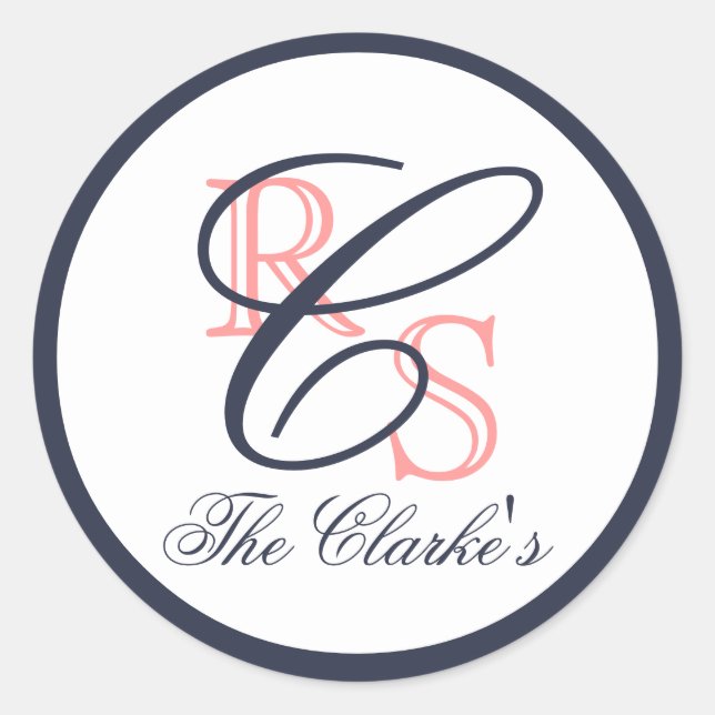 Sticker Rond Nom du mariage monographique, Pêche, bleu marine (Devant)