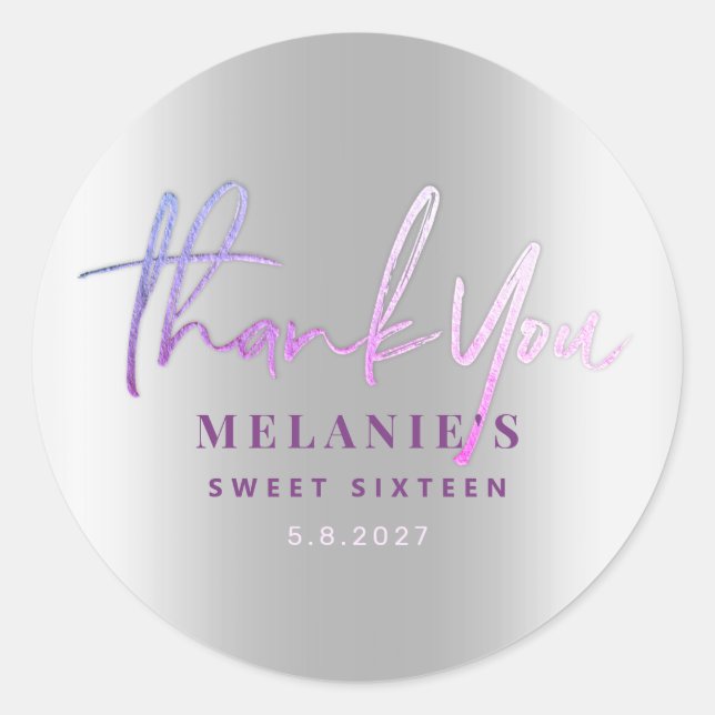 Sticker Rond Nom du Merci 16e nuptiale violet argent (Devant)