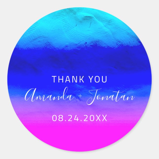 Sticker Rond Nom du Merci Date Blue Aqua Pink Confetti Ombre (Devant)