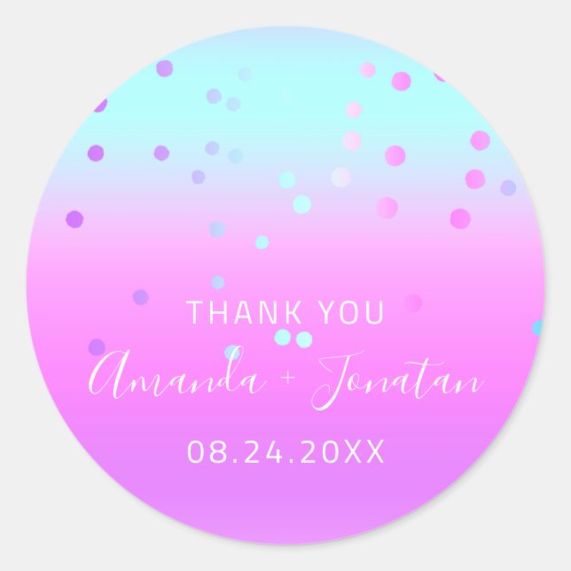 Sticker Rond Nom du Merci Date Pastel bleu rose Confetti (Devant)