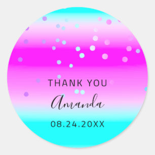 Sticker Rond Nom du Merci Date Pink Ocean Ombre Confetti