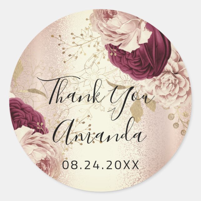 Sticker Rond Nom du Merci Rose Gold Florals Marsala (Devant)