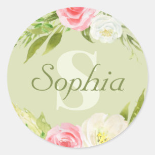 Sticker Rond Nom du monogramme Aquarelle rose verte Florale