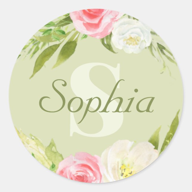 Sticker Rond Nom du monogramme Aquarelle rose verte Florale (Devant)