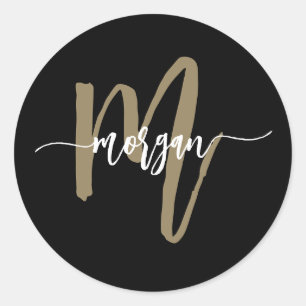 Sticker Rond Nom du monogramme Black Gold Modern Script