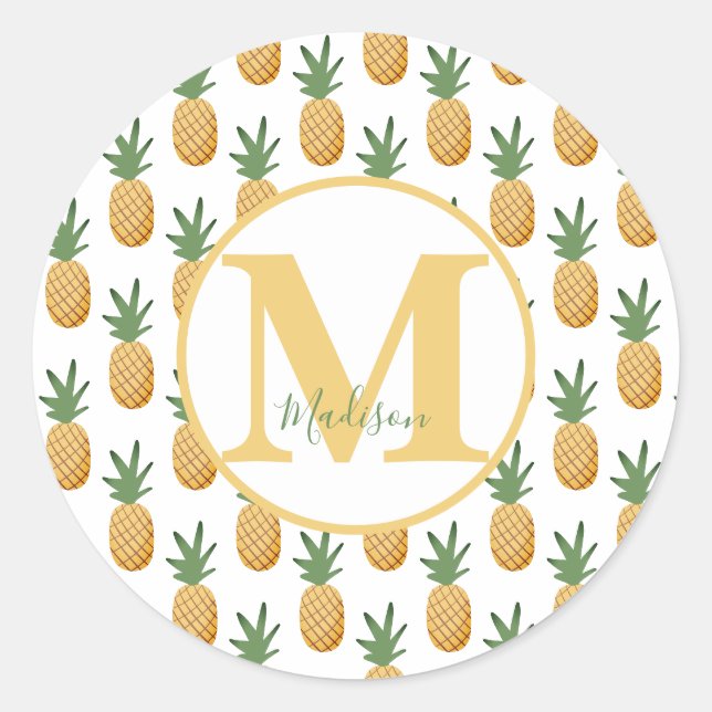 Sticker Rond Nom du monogramme d'ananas tropique classique Rou (Devant)