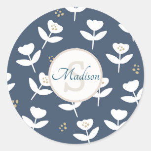 Sticker Rond Nom du monogramme floral bleu et blanc