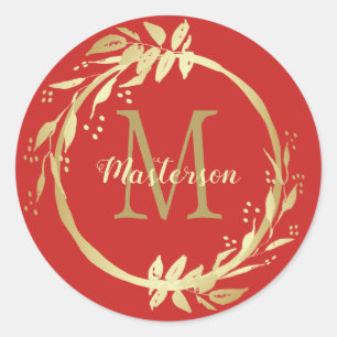 Sticker Rond Nom du monogramme Gold Red Christmas Wreath