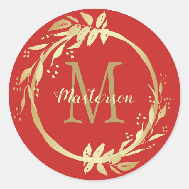 Sticker Rond Nom du monogramme Gold Red Christmas Wreath (Devant)