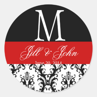 Sticker Rond Nom du monogramme Mariage rouge Date Sceau Damas