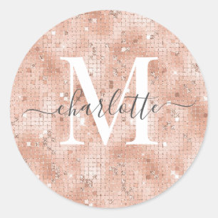 Sticker Rond Nom du monogramme personnalisé Faux Rose Gold Part