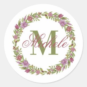Sticker Rond Nom du monogramme Pink Purple Green Floral Wreath