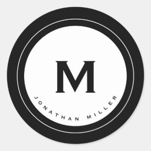 Sticker Rond Nom du monogramme professionnel Noir et blanc