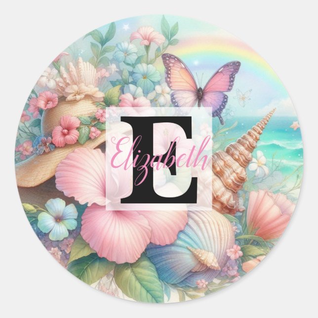 Sticker Rond Nom du monogramme sur l'aquarelle Fleurs coquillag (Devant)