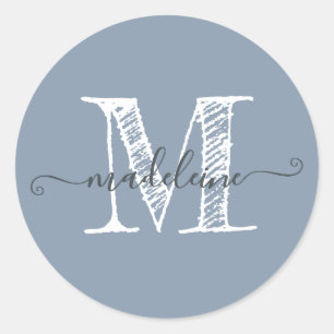 Sticker Rond Nom du script moderne Monogramme initial Dusty Blu