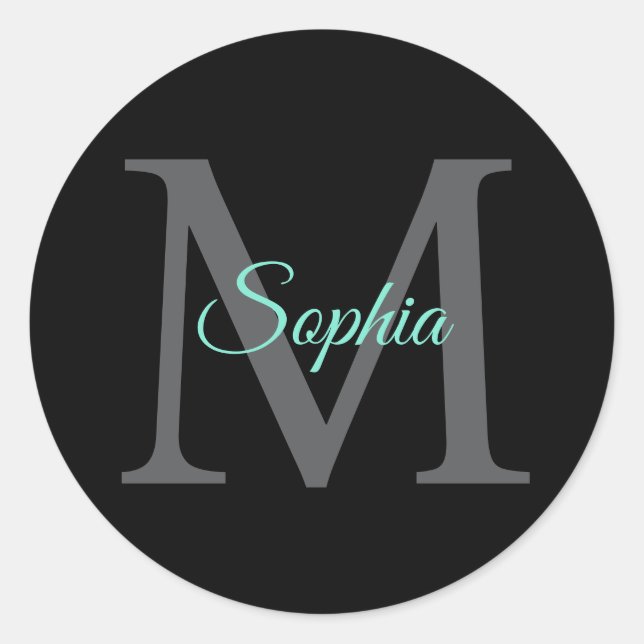 Sticker Rond Nom du script turquoise, Monogramme gris grand sur (Devant)