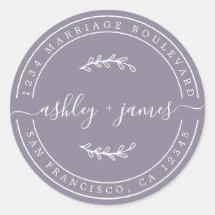 Sticker Rond Nom élégant Ash Purple Mariage Adresse de retour