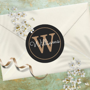 Sticker Rond Nom élégant de monogramme noir et or