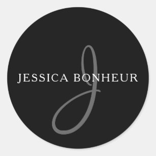Sticker Rond Nom élégant Monogramme   Blanc et gris