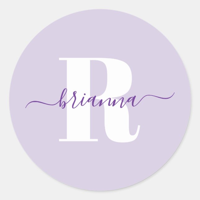 Sticker Rond Nom en écriture violet pâle gras Monogramme (Devant)