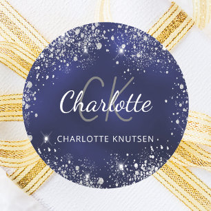 Sticker Rond Nom en monogramme avec poussière de paillettes arg