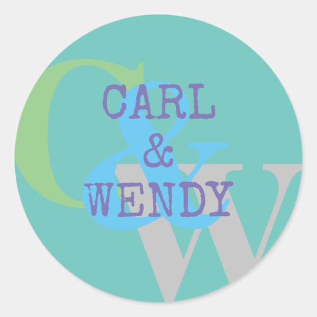 Sticker Rond Nom en monogramme bleu gris VERT cadeau élégant (Devant)